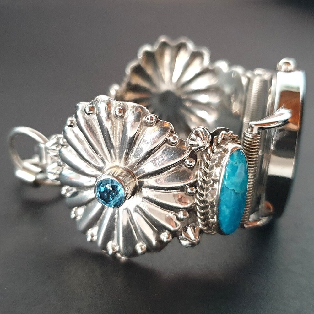Vintage Zuni Native American Turquoise & Blue Topaz Sterling Silver Watchband